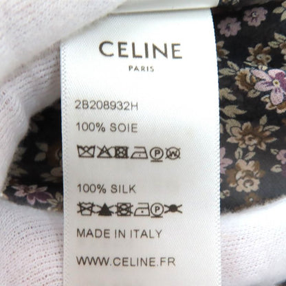 Celine 100% Silk Flower Print Floral Pattern Frilled Collar Logo Button Chiffon