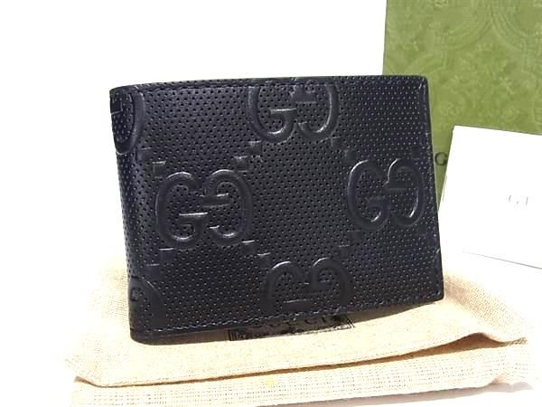 Gucci 625559 496085 GG Embossed Leather Bifold Wallet Card Holder Black Bn4356