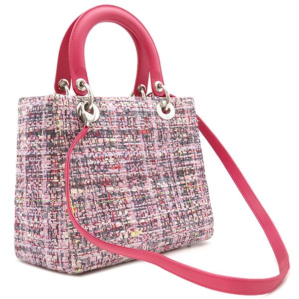 Christian Dior 2way Bag Lady Dior Medium Bag Tweed Pinkish Silver Hardware