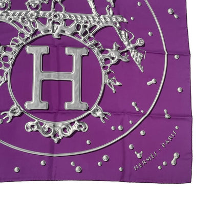 Hermes Carre 90 VIF Argent Silver Drop Orange Silk Scarf With Purple Box