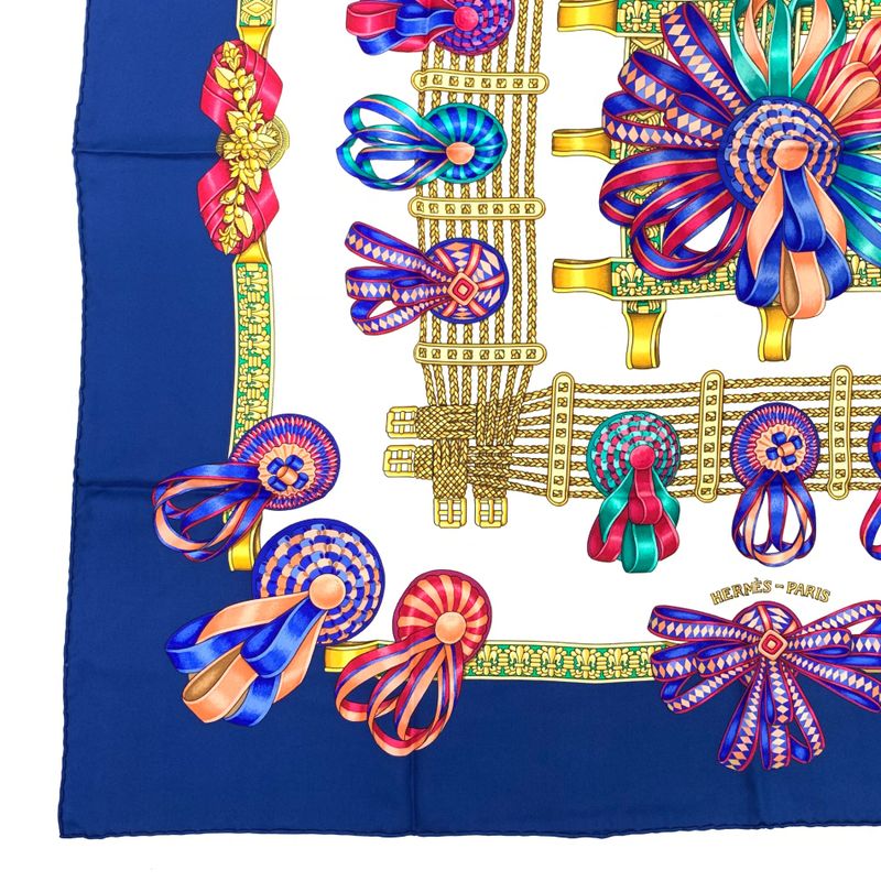 Hermes Carre 90 Lesrubansducheval Horse Ribbon Scarf Blue And Multicolor 100%