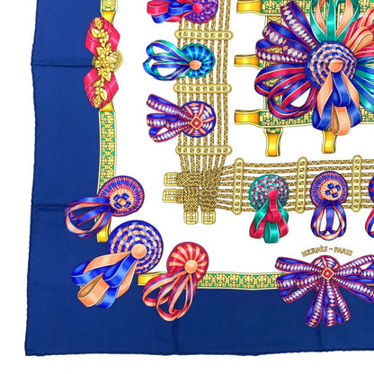 Hermes Carre 90 Lesrubansducheval Horse Ribbon Scarf Blue And Multicolor 100%