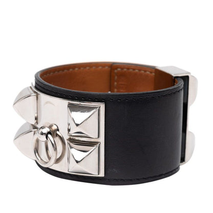 Hermes Collierd Chien Bangle Bracelet Size:s Black Silver Box Calf Metal Women