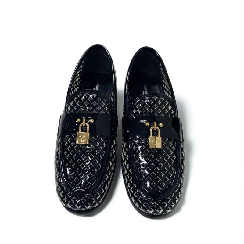 Louis Vuitton Chess Line Monogram Loafers Leather Shoes Patent Black Gold Logo