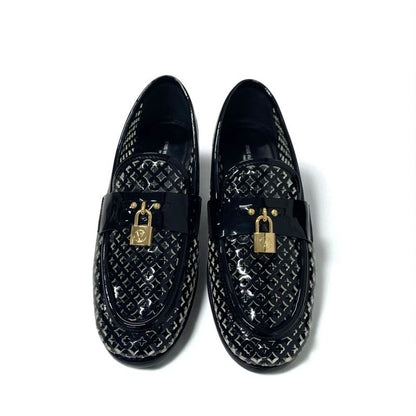 Louis Vuitton Chess Line Monogram Loafers Leather Shoes Patent Black Gold Logo
