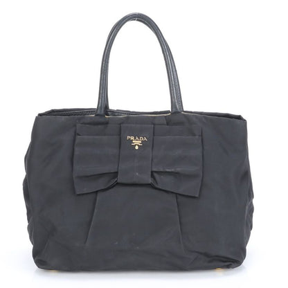 Prada Tessuto Nylon Ribbon Design Leather Tote Bag Shoulder Hand Black Women