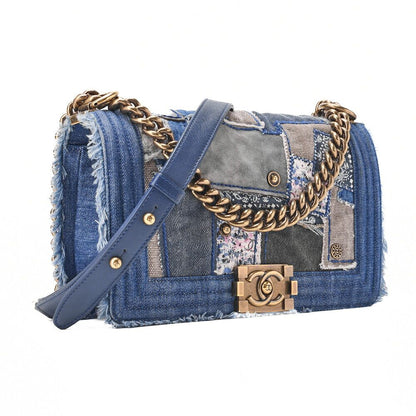 Chanel Boy Chanel Patchwork Chain Shoulder Denim Blue With Gold Hardware