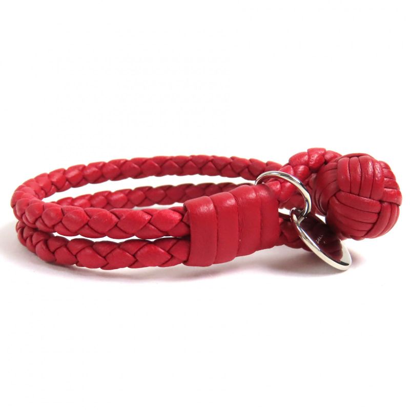 Bottega Veneta Intrecciato Leather Bracelet With Logo Charm Red Silver Hardware