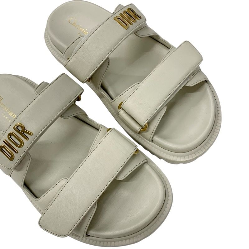 Christian Dioract Sandals Shoes Leather Ivory Gold Logo Velcro Strap