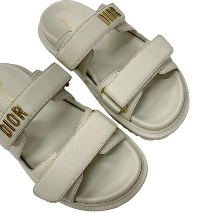 Christian Dioract Sandals Shoes Leather Ivory Gold Logo Velcro Strap