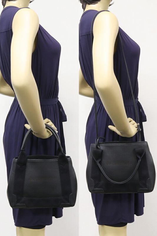 Balenciaga Hand Tote Shoulder Bag Navy Cabas Su XS Calf Black 2WAY 390346 Dqp1n