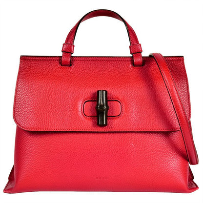 Gucci Daily Handbag 2WAY Leather Bamboo 370831 Red Silver Hardware Women