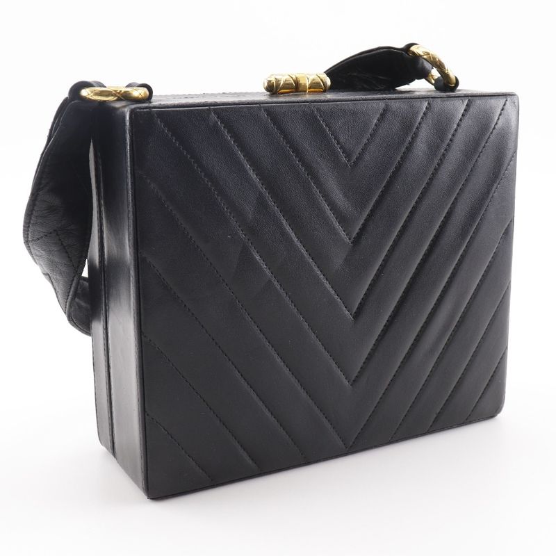 Chanel Chevron Coco Mark V-stitching Vintage Lambskin Black Women Shoulder Bag