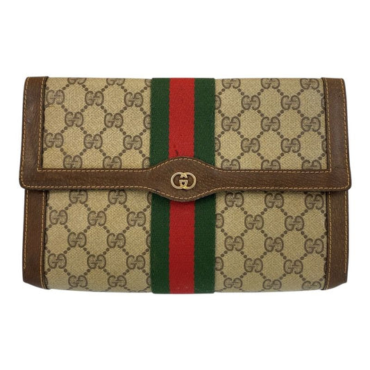 Gucci Vintage Sherry Line Beige Brown GG Supreme Canvas 38 Clutch Bag Second