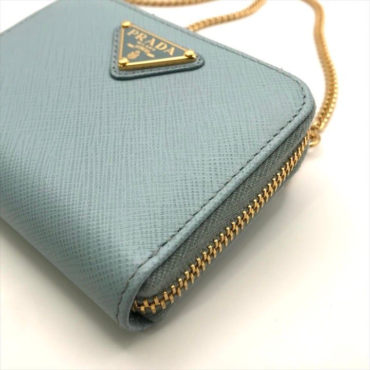 Prada Saffiano Leather Chain Shoulder Card Case Wallet Blue