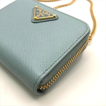 Prada Saffiano Leather Chain Shoulder Card Case Wallet Blue
