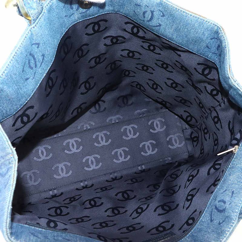Chanel Plastic Chain Tote Bag Denim Blue Vintage Silver Hardware Coco Mark Tote