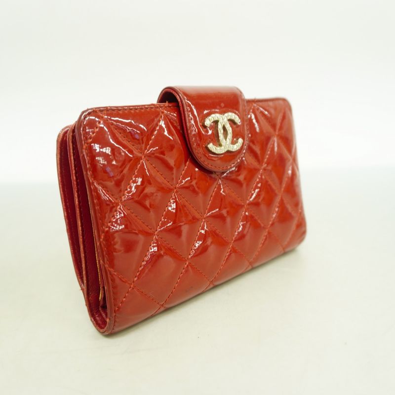 Chanel Wallet Matelasse Brilliant Patent Leather Red Silver Hardware Women