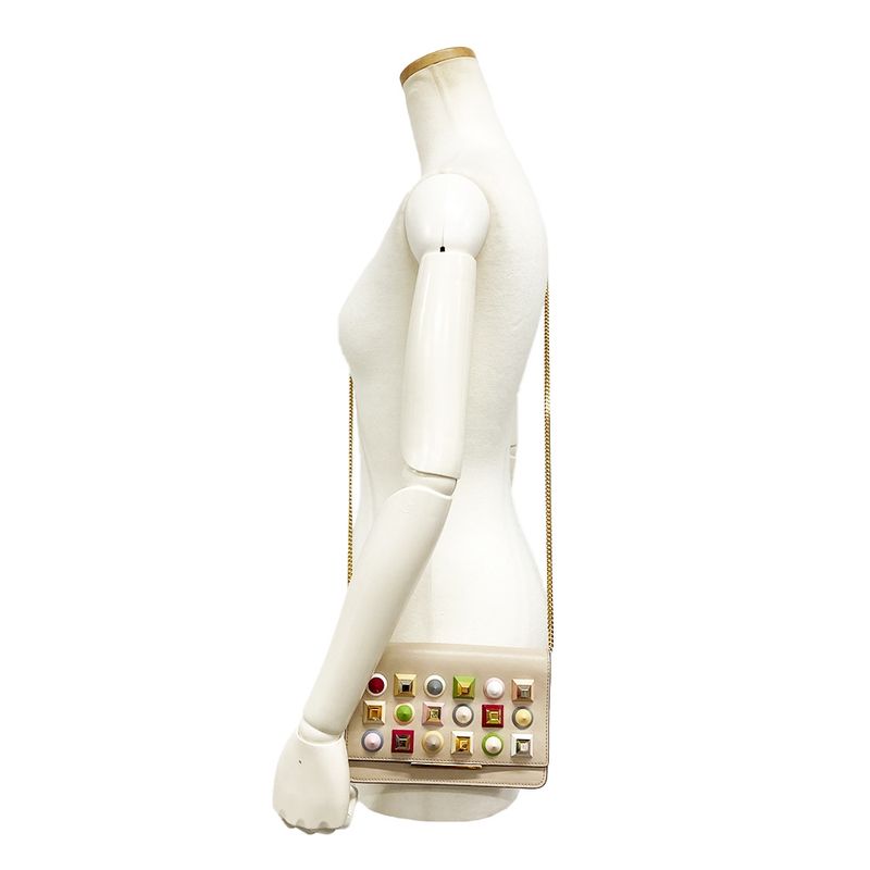 Fendi Multi Studded Chain Wallet Shoulder Bag Leather 8m0346 Beige Gold