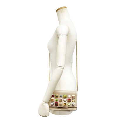 Fendi Multi Studded Chain Wallet Shoulder Bag Leather 8m0346 Beige Gold