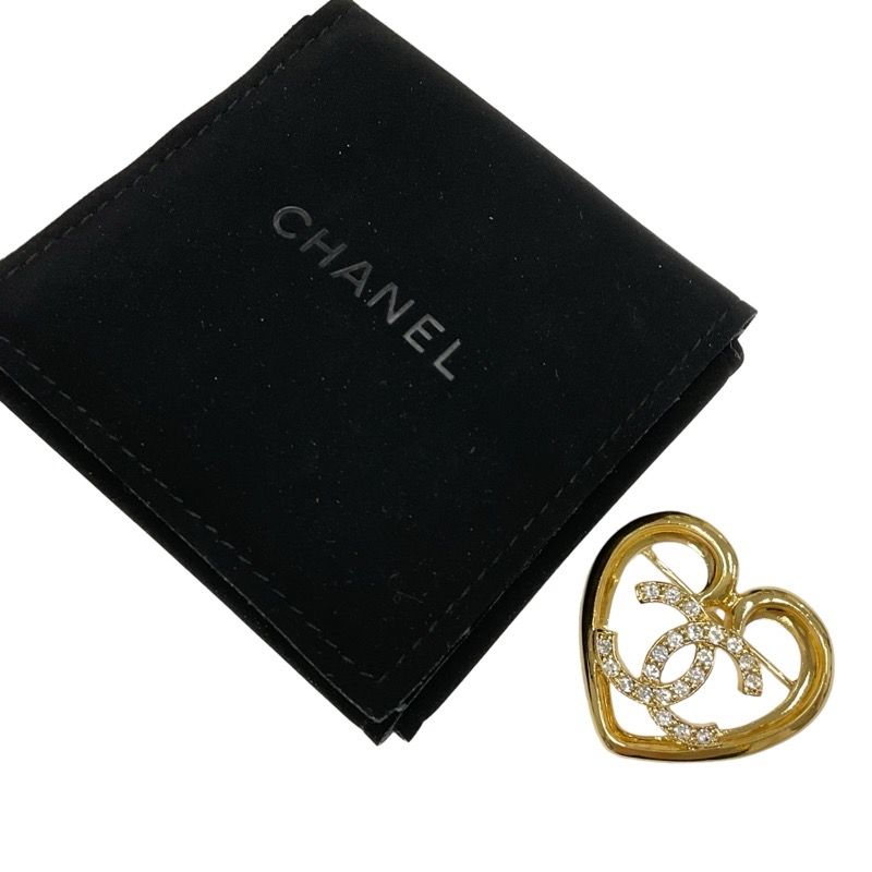 Chanel Brooch Corsage Gold Heart Here Mark Rhinestone