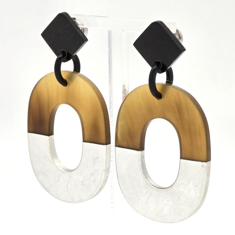 Hermes Earrings Ism Binaural Buffalo Horn Lacquer Brownish/silver Color Silver
