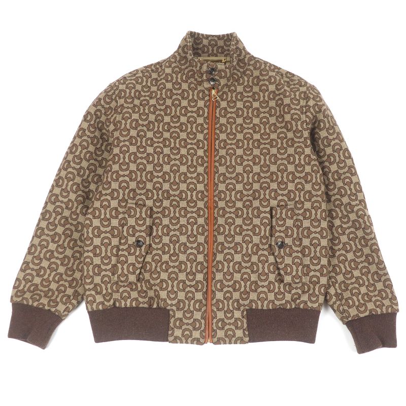 Gucci 694157 Wool Silk Horsebit Allover Pattern Jacquard Blouson Jacket Brown