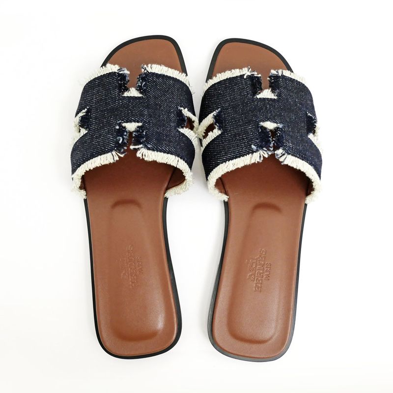 Hermes Oran Fringe BL Denim Navy-brown Size 36 Sandals Shoes Ladies