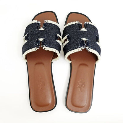 Hermes Oran Fringe BL Denim Navy-brown Size 36 Sandals Shoes Ladies