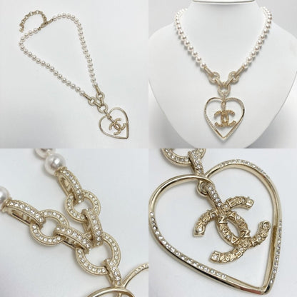 Chanel Cocomark Heart Motif Necklace A21p Champagne Gold Fake Pearl X
