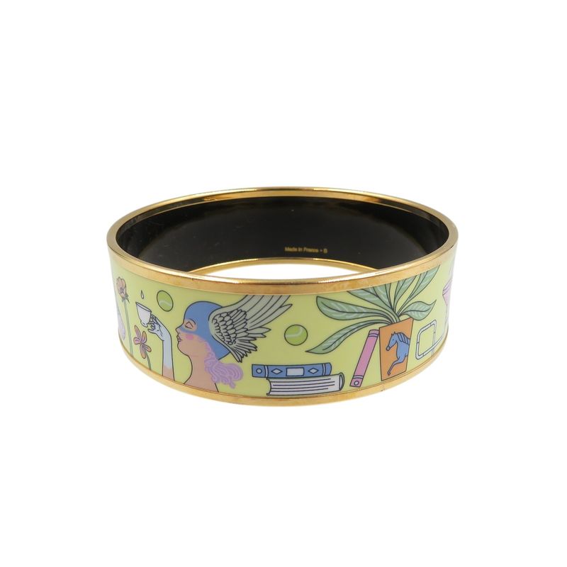 Hermes Emile GM Bracelet Tea For Two Cloisonne Metal Yellow Bangle 0242 Hermes