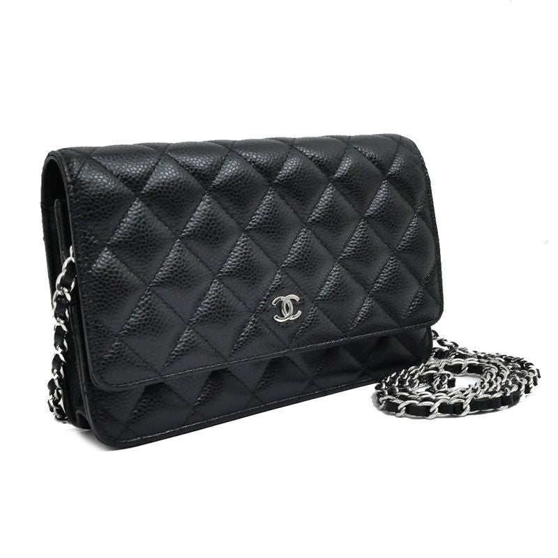 Chanel A33814 Chain Wallet Shoulder Bag Caviar Skin Black Silver-hardwar