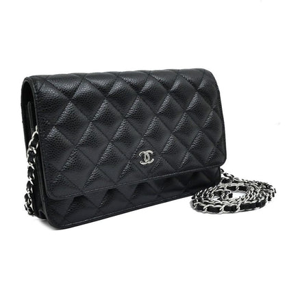 Chanel A33814 Chain Wallet Shoulder Bag Caviar Skin Black Silver-hardwar