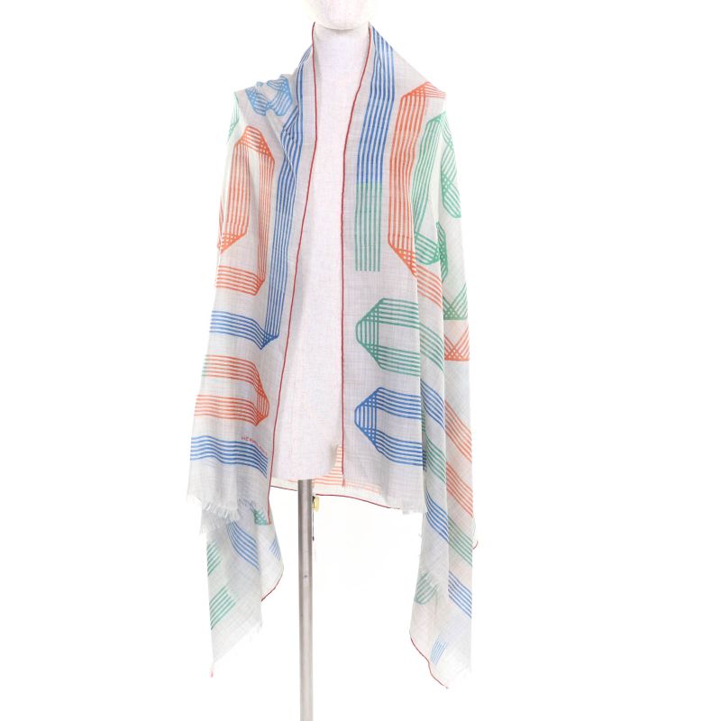 Hermes 2023 Rubans D'Hermes 100% Cashmere GRIS Chine/vert/or Rectangle All-over