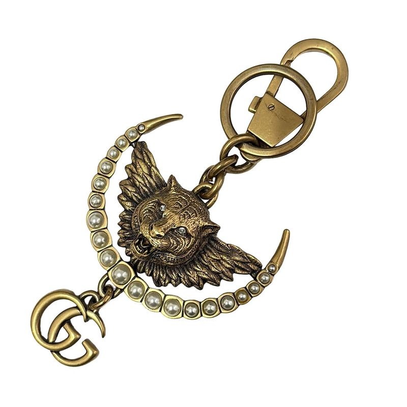 Gucci Key Holder (charm ) - Gold Ivory Clear Taiga - Head Double G Rhinestone