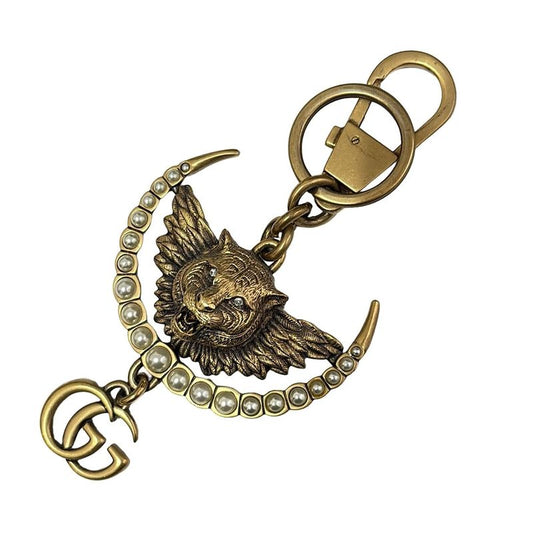 Gucci Key Holder (charm ) - Gold Ivory Clear Taiga - Head Double G Rhinestone