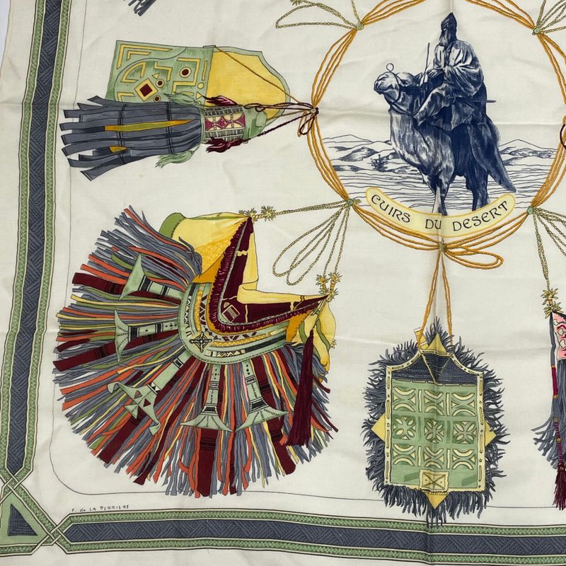 Hermes Cuirs DU Desert Leather Decorated Silk Scarf White