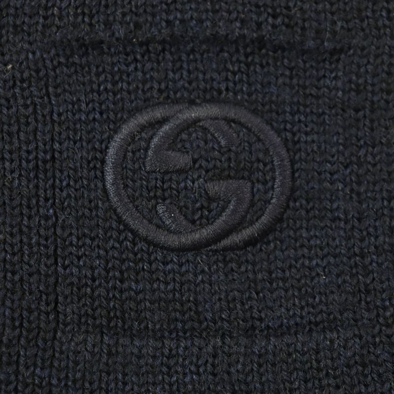 Gucci 550601 Interlocking G Embroidered 100% Wool Knit Scarf Navy Made