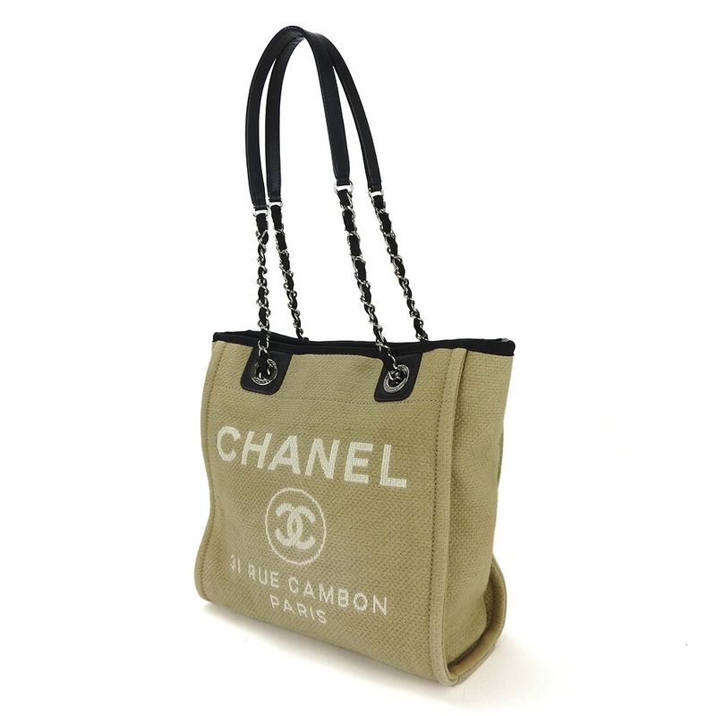 Chanel Tote Bag PM Chain Shoulder Deauville 16th Canvas Beige Black Silver