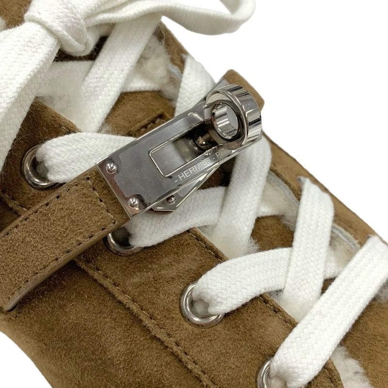 Hermes Day Sneakers Shoes Suede Mouton Brown Silver Kelly Hardware Boa