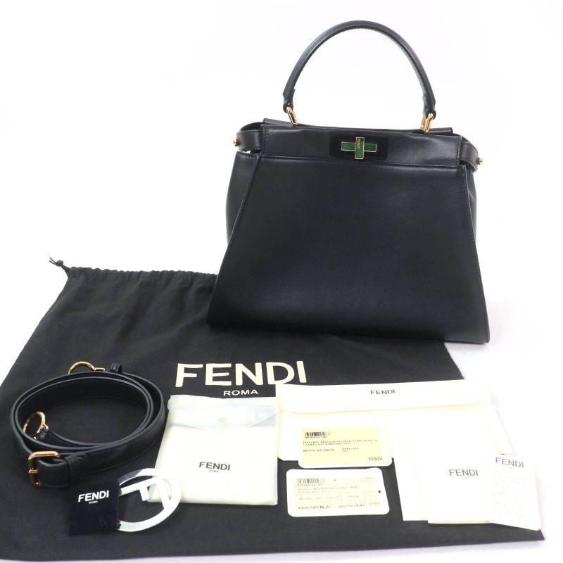 Fendi 8bn290 Peekaboo Regular Nappaleather 2WAY Shoulder Handbag Black Gold