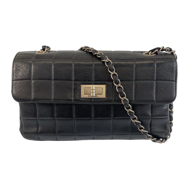 Chanel Vintage Chocobar Black Silver Hardware Lambskin 6135*** Chain Shoulder