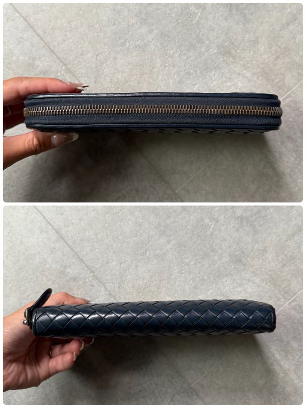 Bottega Veneta Round Zipper Long Wallet Intrecciato Calf Leather Navy Long
