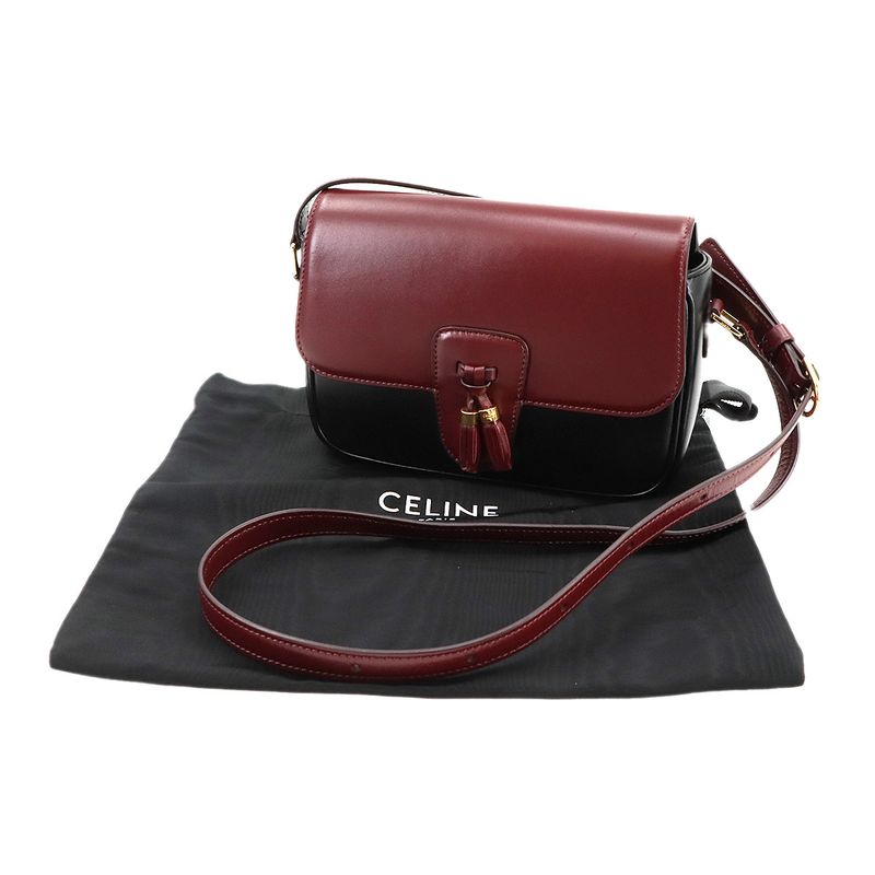 Celine Tassels Shoulder Bag Leather Bordeaux Black Gold Hardware Vintage