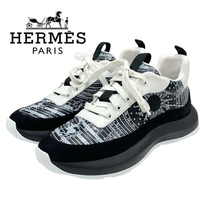 Hermes Glam Sneakers Shoes Leather Suede Black White Bandana Pattern