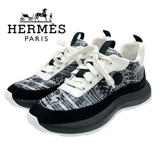 Hermes Glam Sneakers Shoes Leather Suede Black White Bandana Pattern