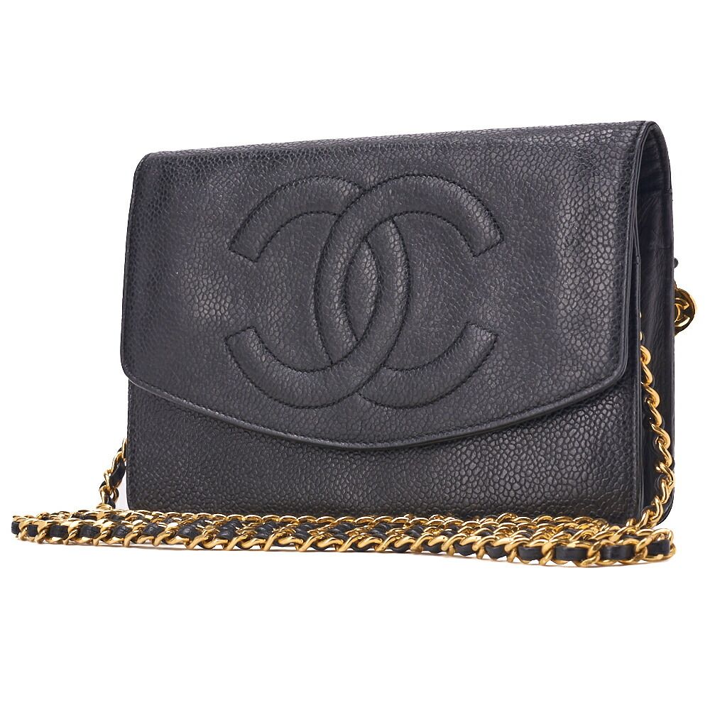 Chanel Shoulder Bag Chain Wallet Caviar Skin Black Silver Hardware Push Lock