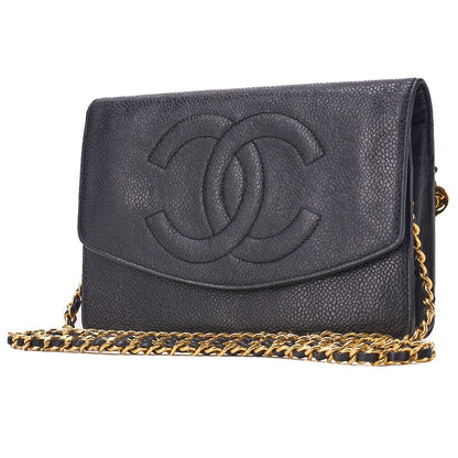 Chanel Shoulder Bag Chain Wallet Caviar Skin Black Silver Hardware Push Lock