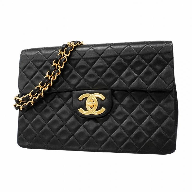 Chanel Shoulder Bag Deka Matelasse Lambskin Black Gold Hardware Women