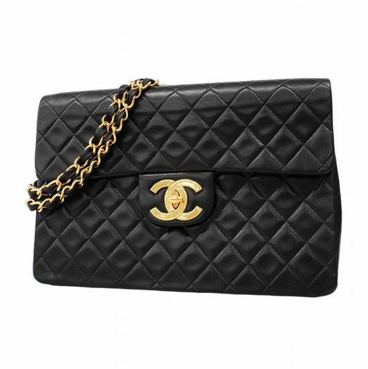 Chanel Shoulder Bag Deka Matelasse Lambskin Black Gold Hardware Women